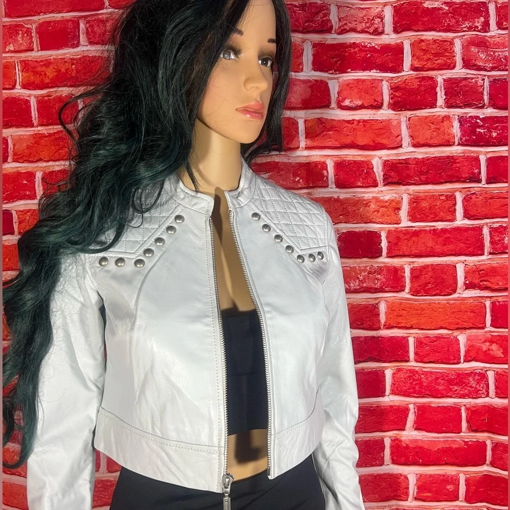 Affliction  LAILA WOMEN'S CROPPED LEATHER JACKET- Size: XS - White - NWT - Picture 5 of 9